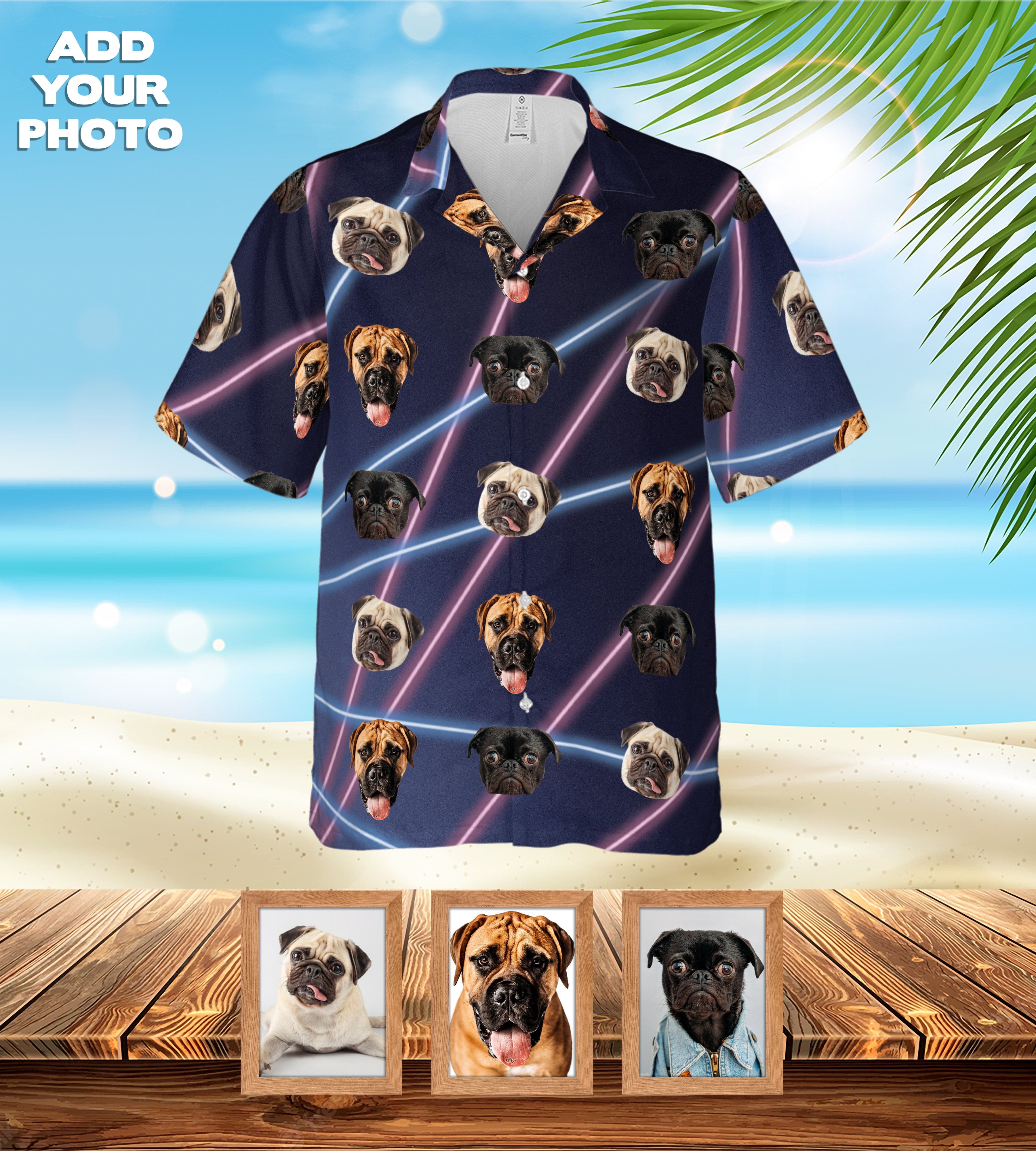 Camisa hawaiana personalizada (Retrato Lazer de los años 80: 1-4 mascotas)