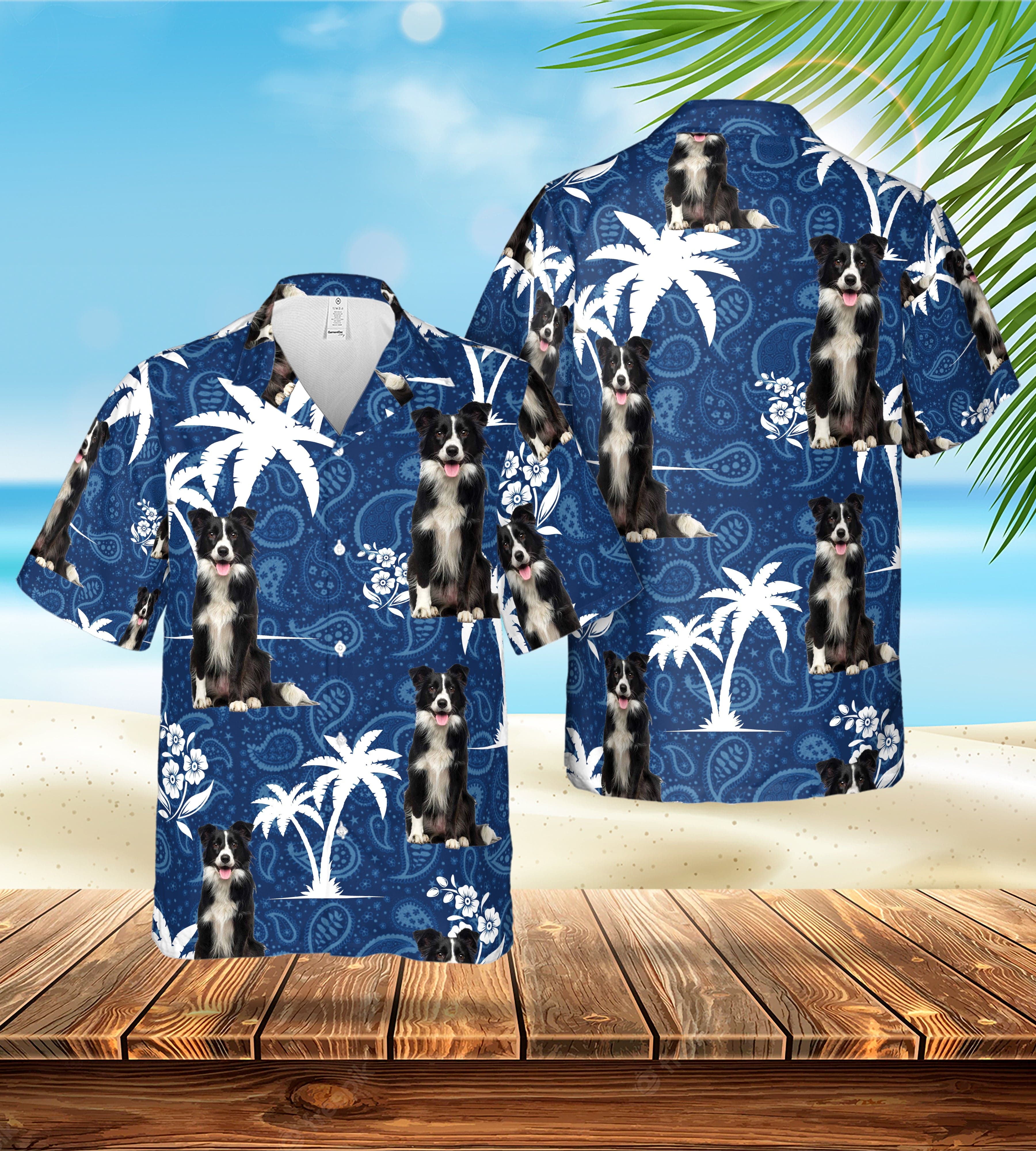 Camisa hawaiana personalizada (azul palma: 1-4 mascotas)