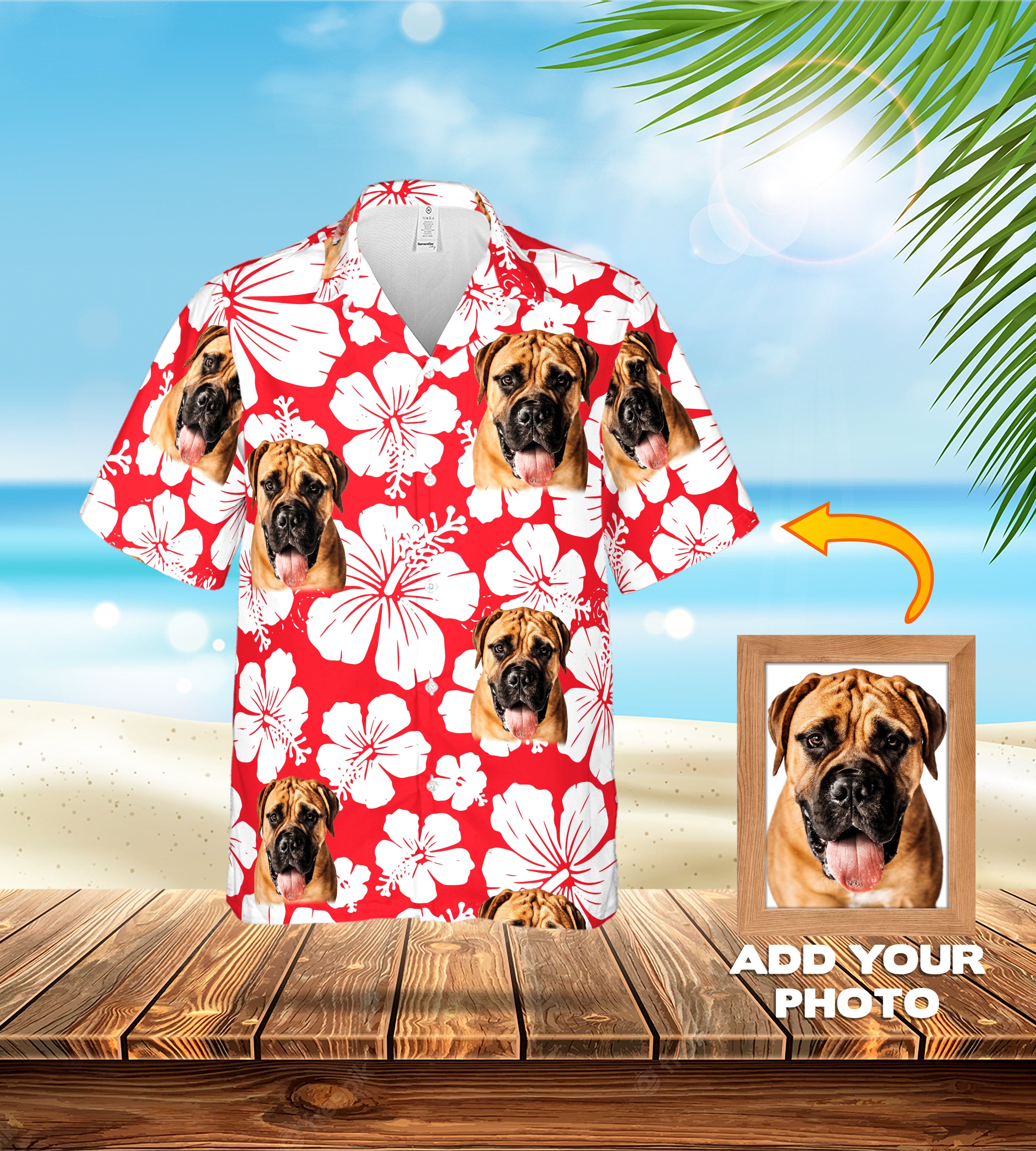 Camisa hawaiana personalizada (rojo flor: 1-4 mascotas)