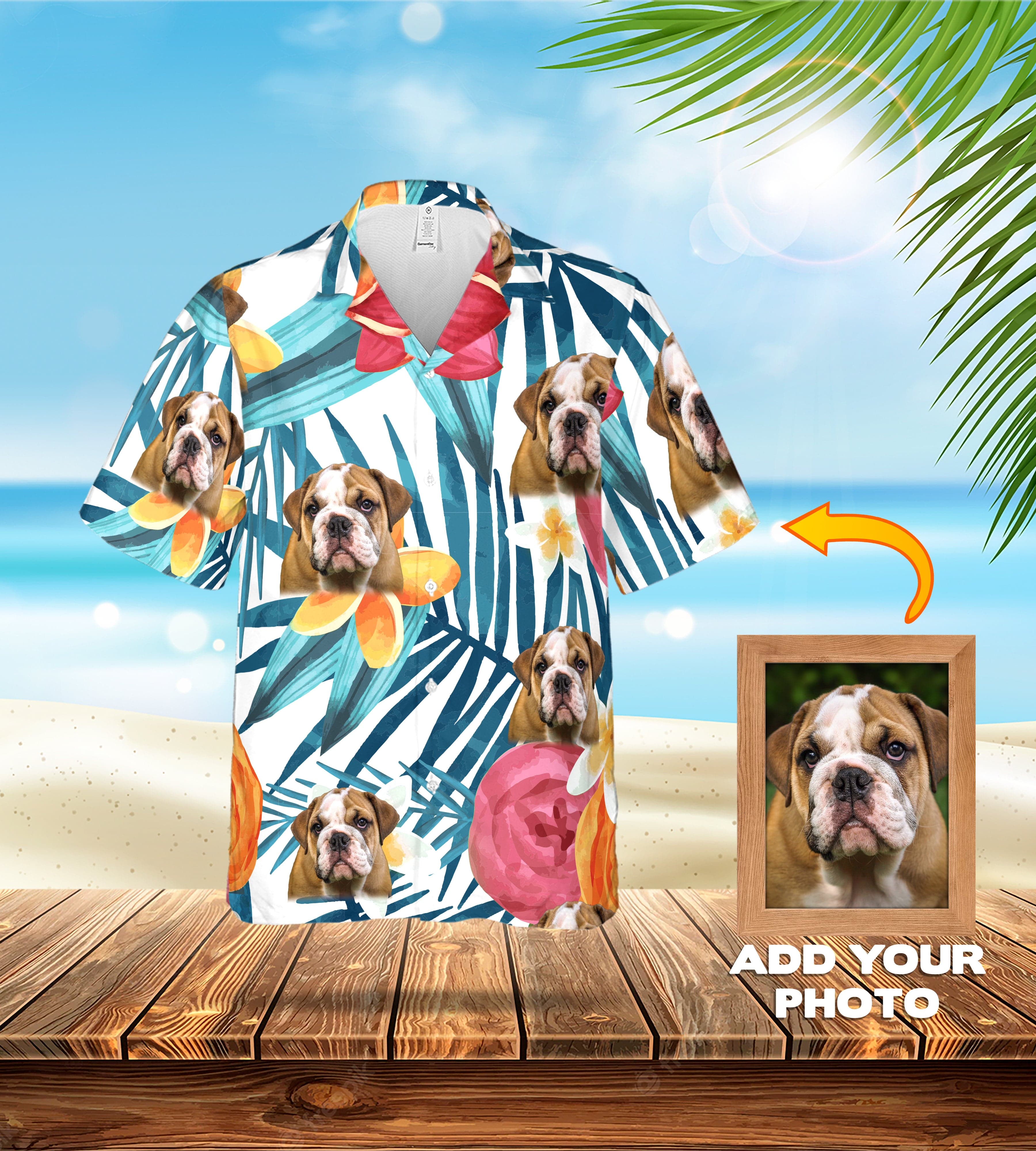 Camisa hawaiana personalizada (floral blanca: 1-4 mascotas)