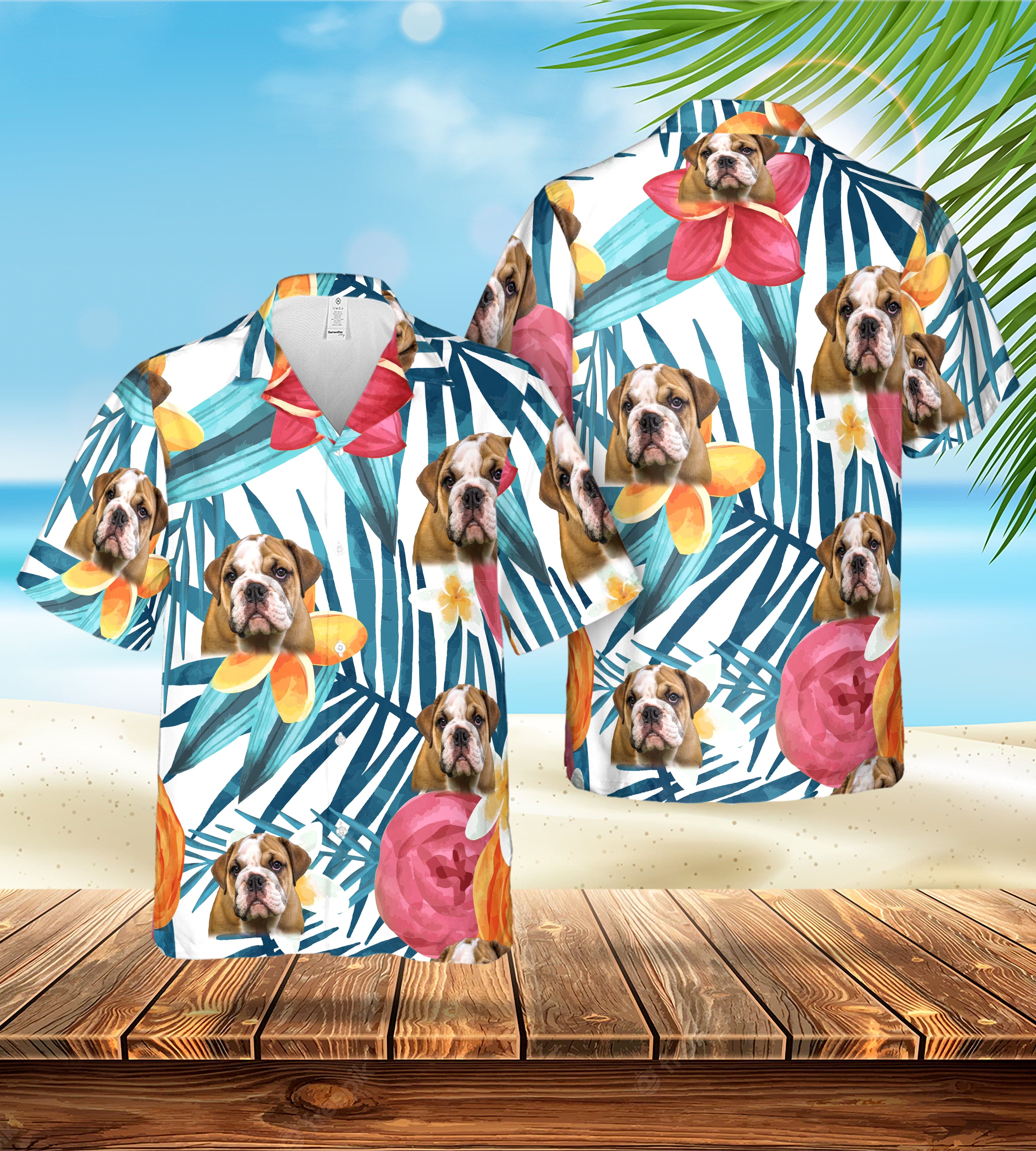 Camisa hawaiana personalizada (floral blanca: 1-4 mascotas)