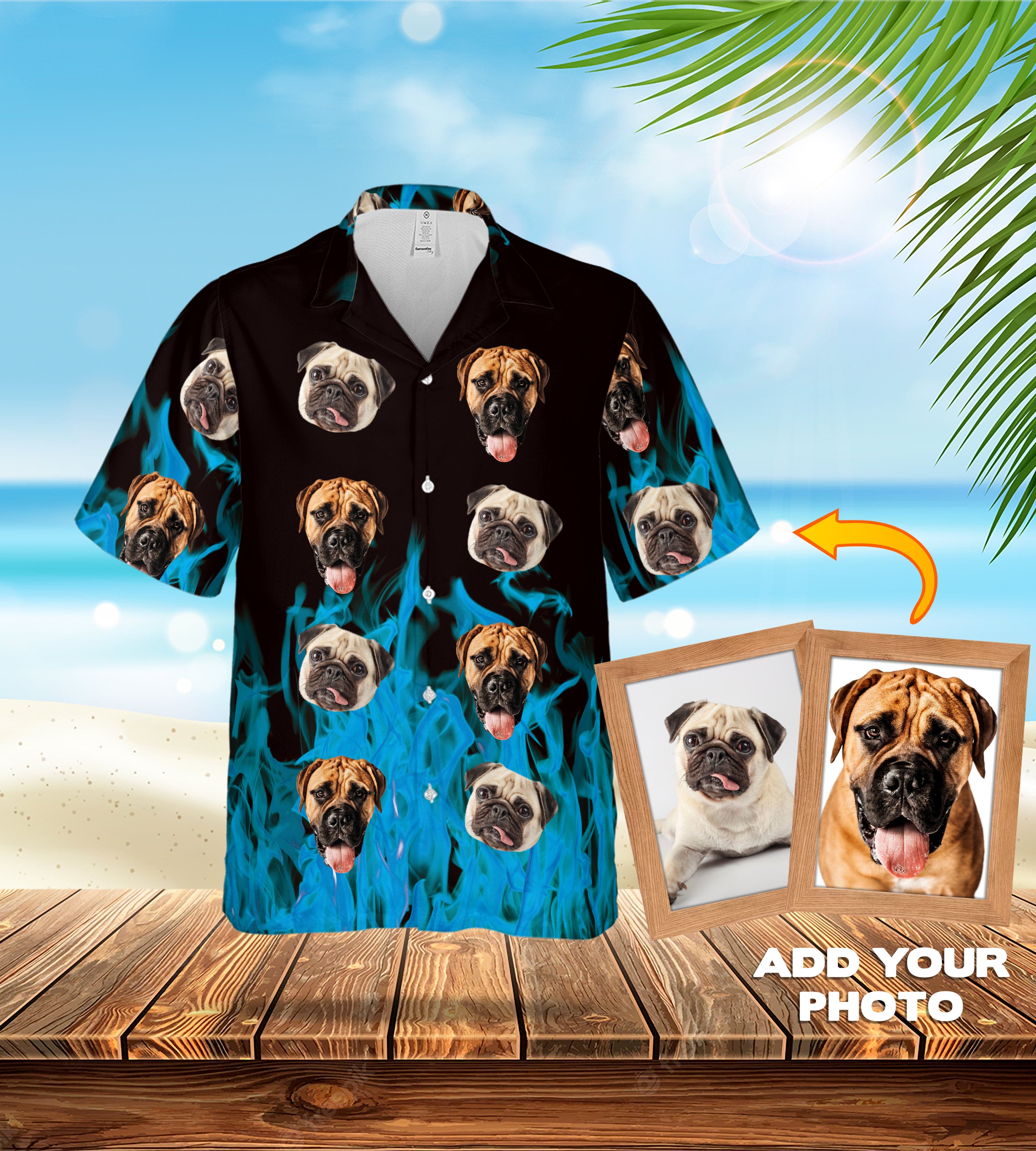 Camisa hawaiana personalizada (azul llameante: 1-7 mascotas)