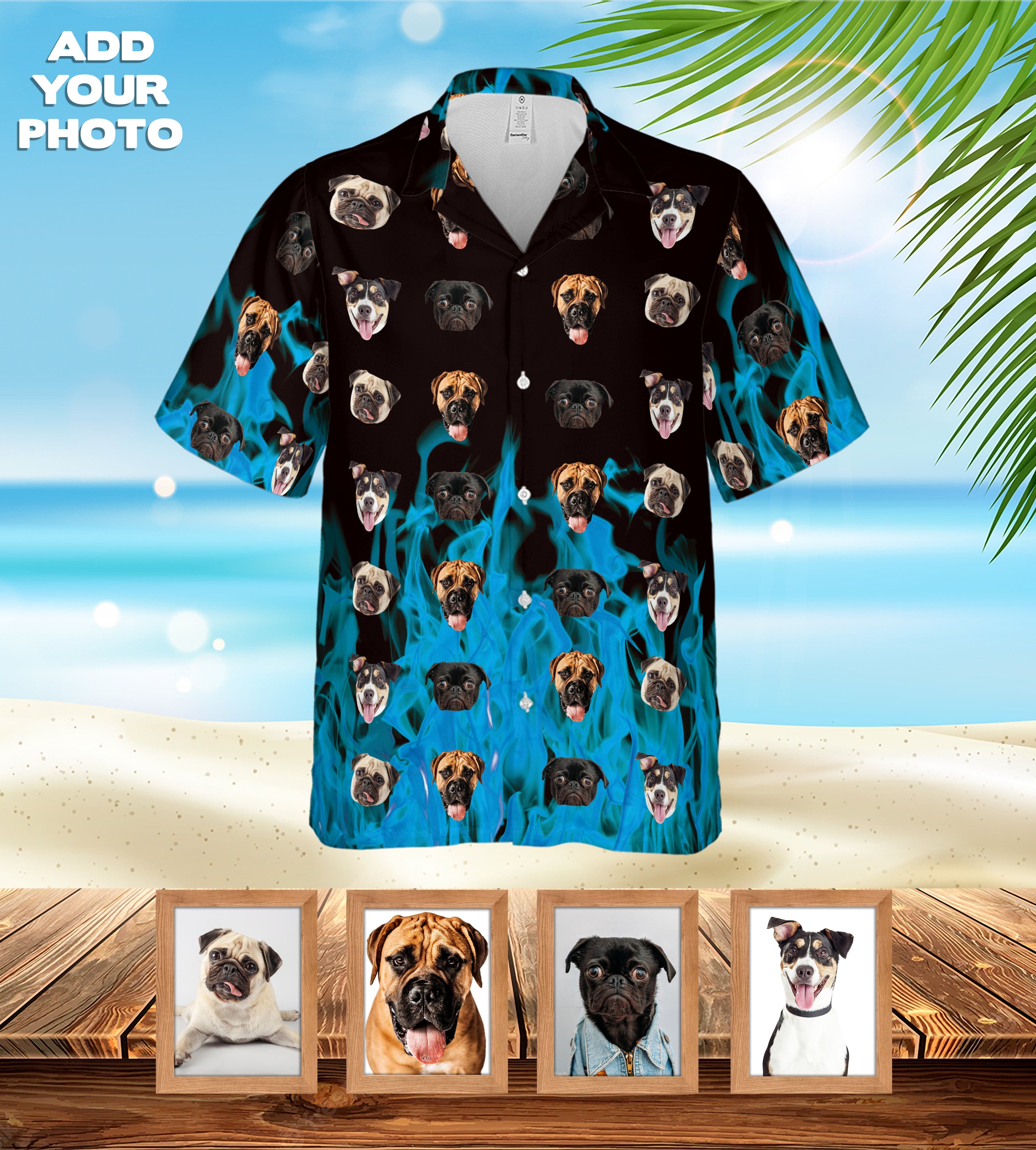 Camisa hawaiana personalizada (azul llameante: 1-7 mascotas)