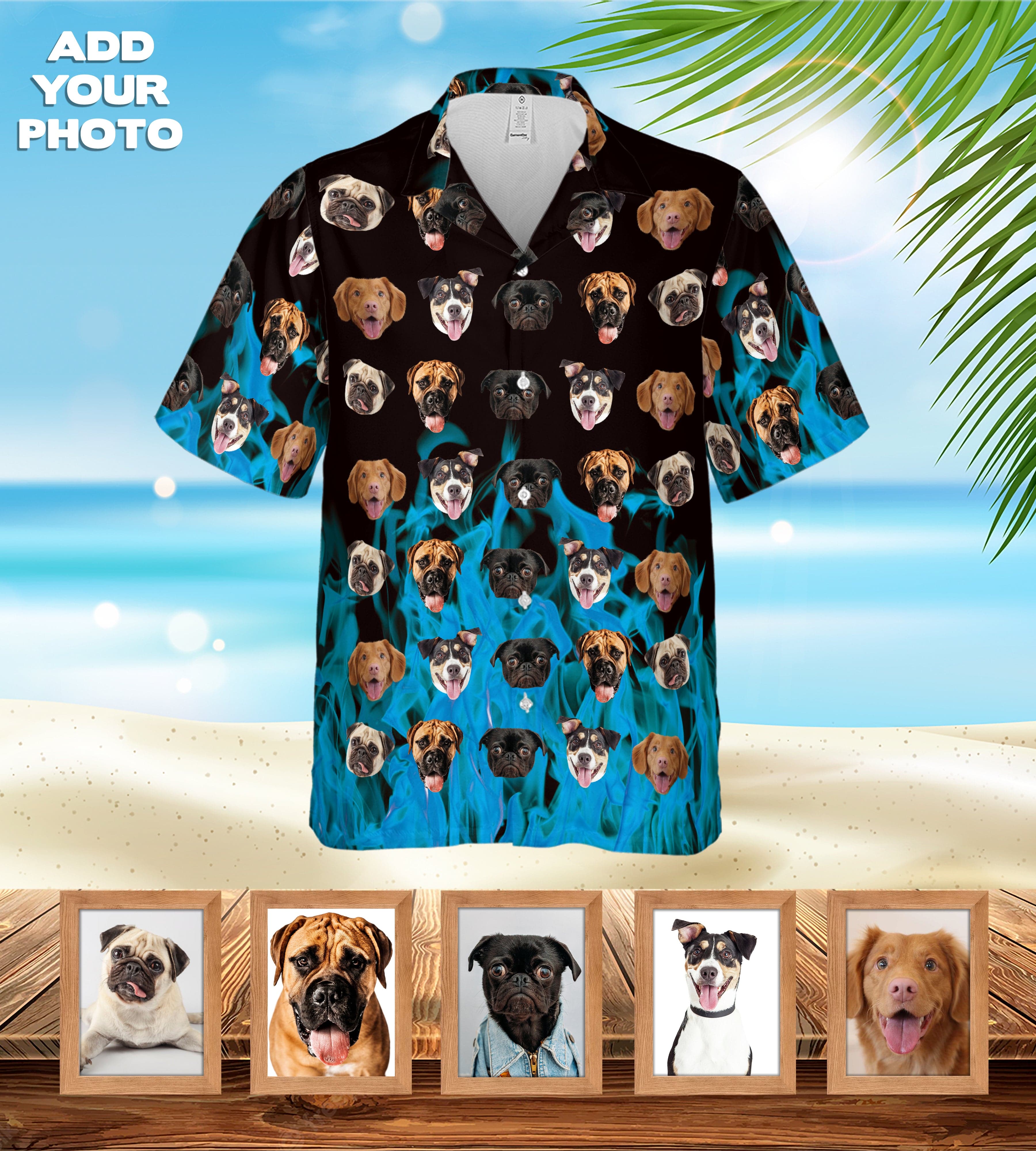 Camisa hawaiana personalizada (azul llameante: 1-7 mascotas)