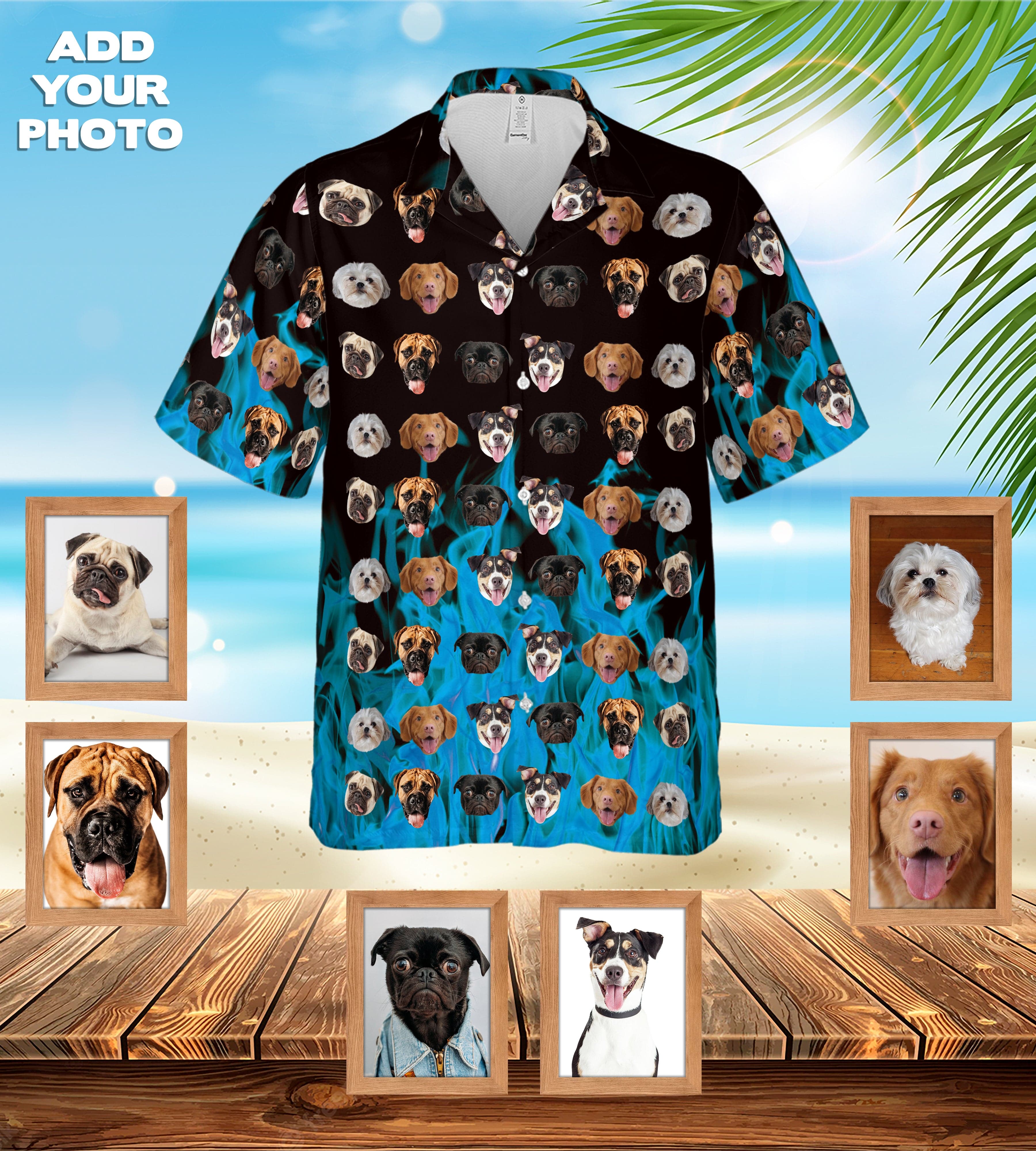 Camisa hawaiana personalizada (azul llameante: 1-7 mascotas)