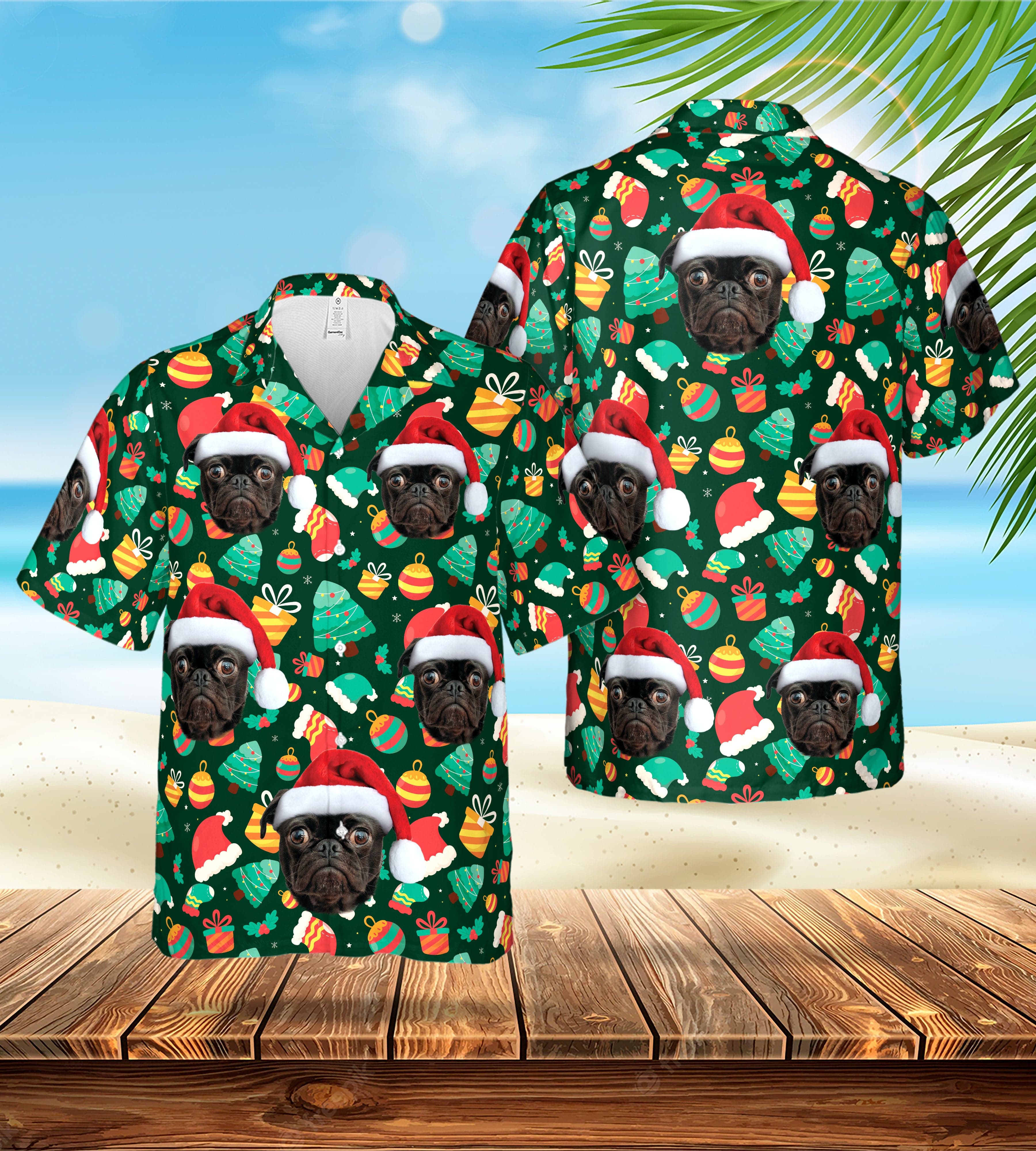 Camisa hawaiana personalizada (Navidad verde: 1-4 mascotas)