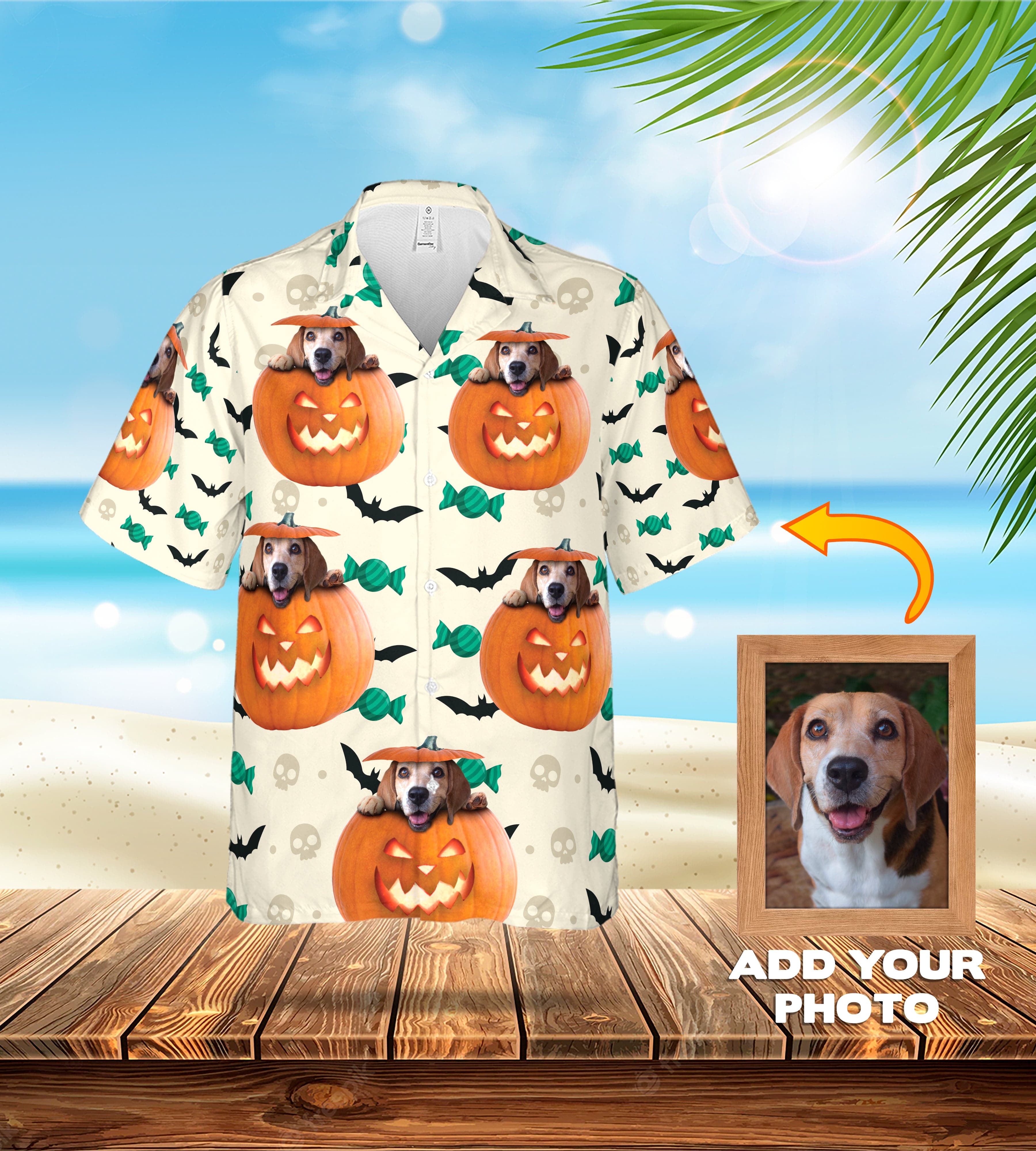 Camisa hawaiana personalizada (Calabaza de Halloween: 1-4 mascotas)