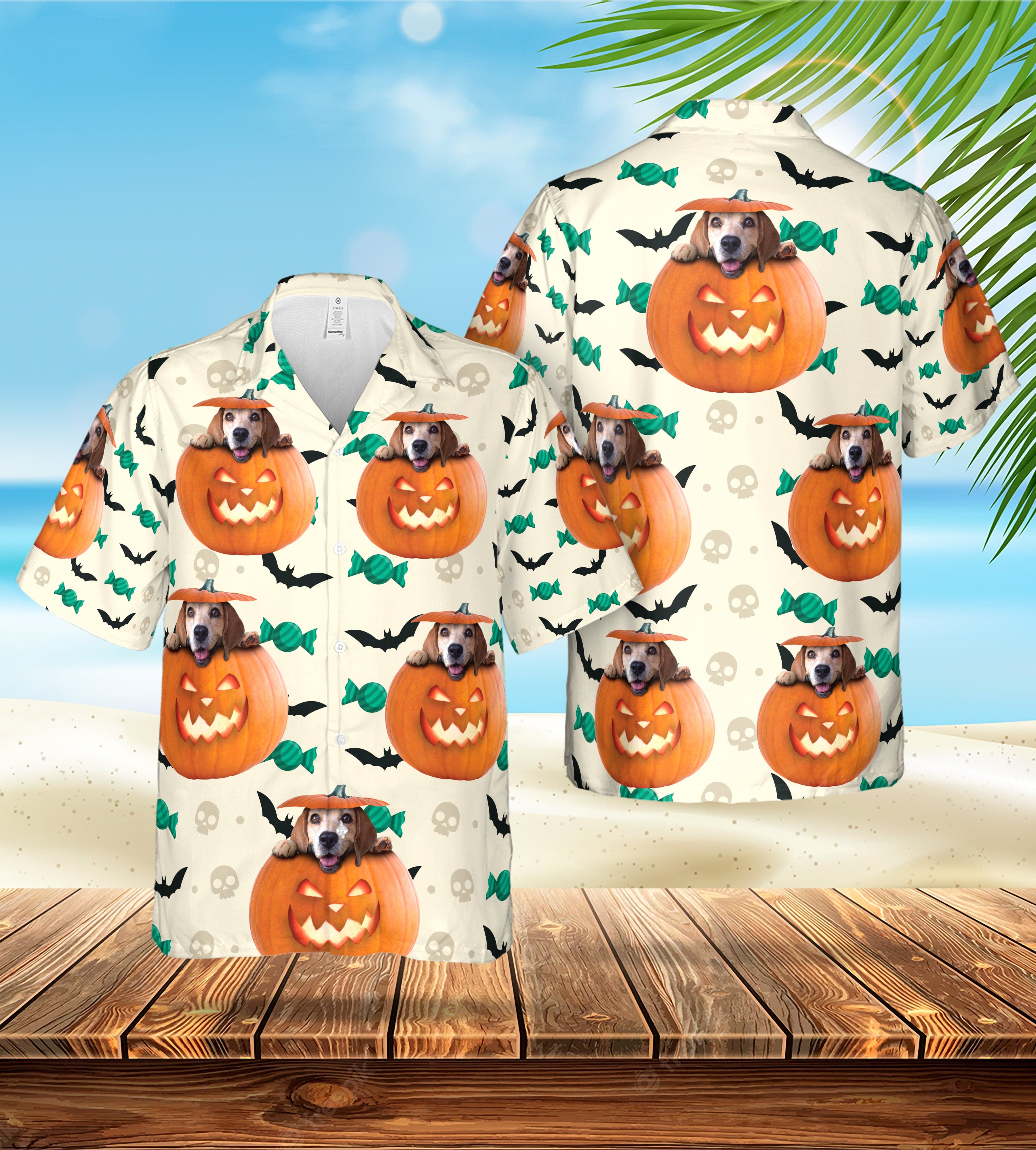 Camisa hawaiana personalizada (Calabaza de Halloween: 1-4 mascotas)