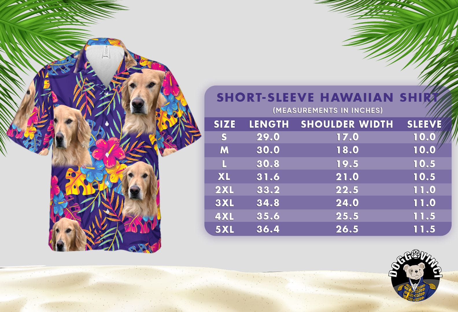 Camisa hawaiana personalizada (azul palma: 1-4 mascotas)