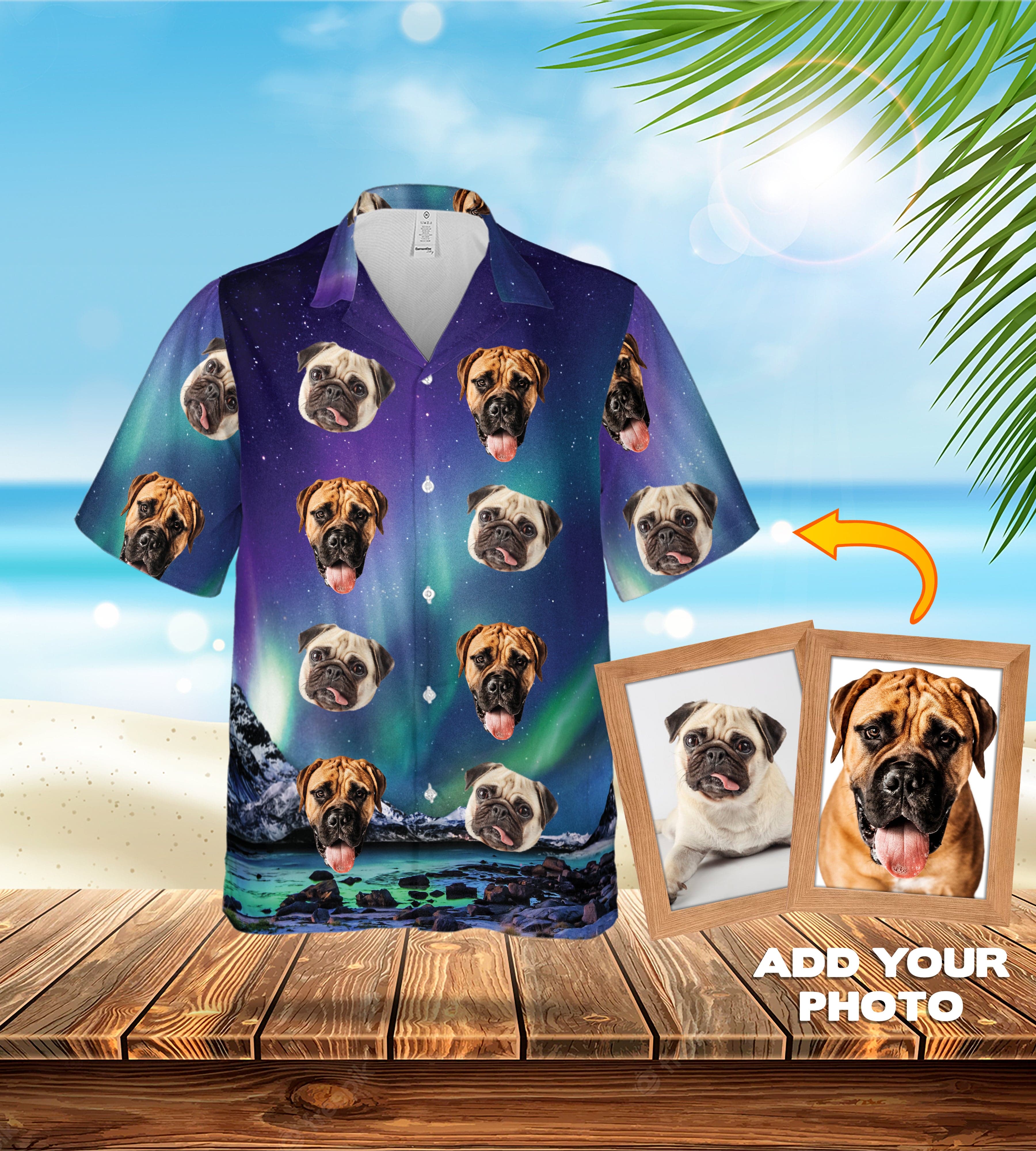 Camisa hawaiana personalizada (Auroras boreales: 1-7 mascotas)