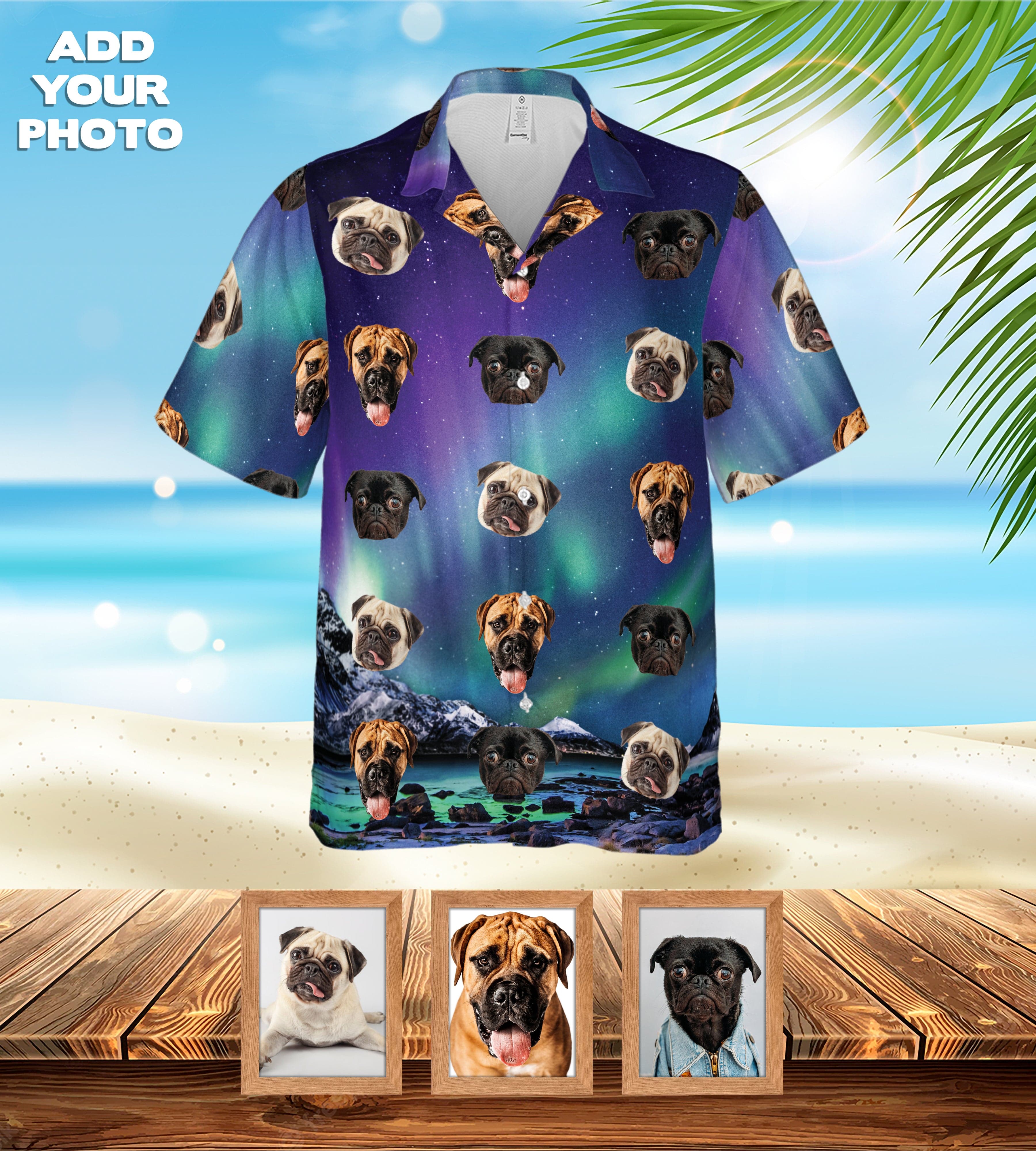 Camisa hawaiana personalizada (Auroras boreales: 1-7 mascotas)