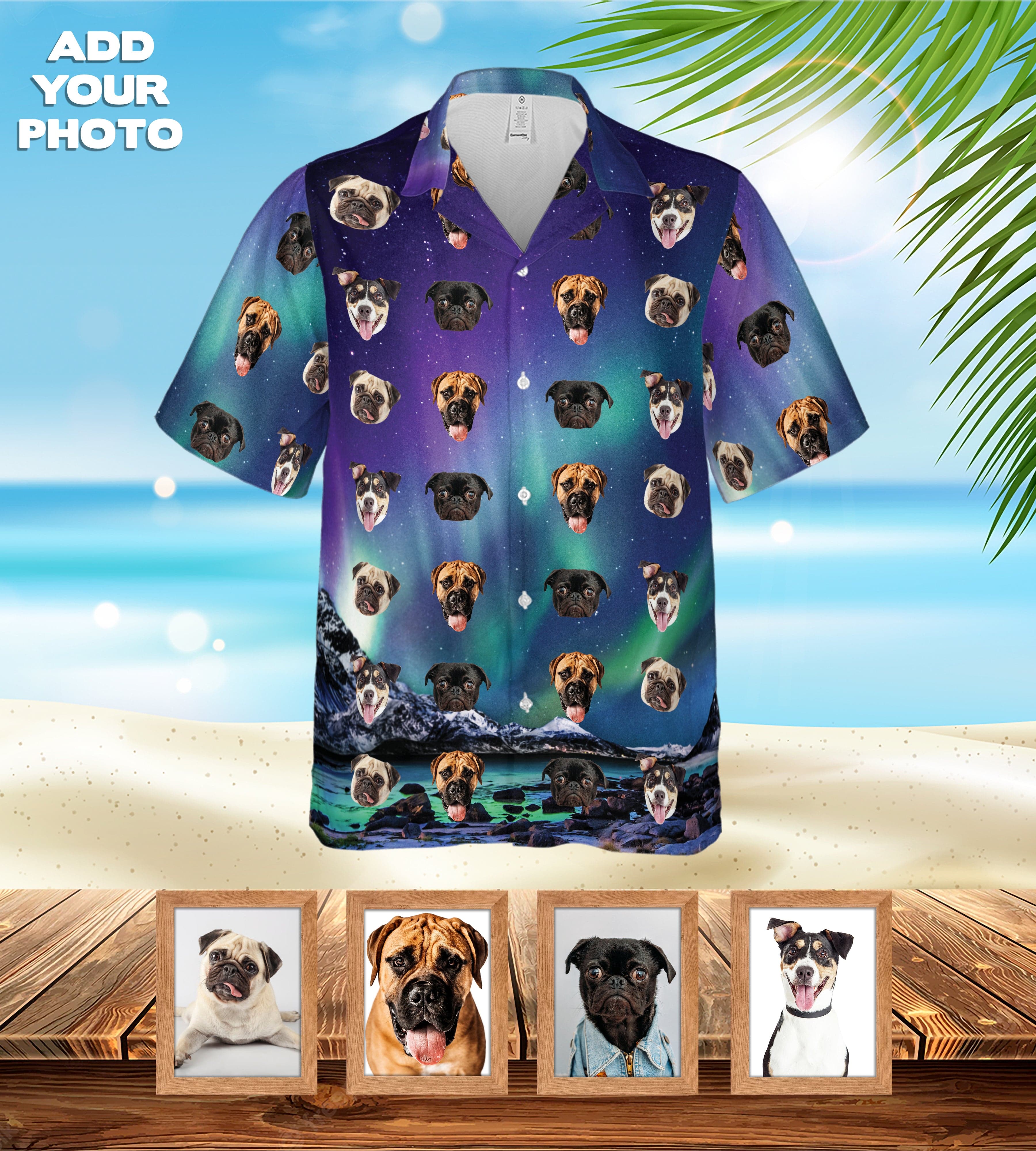 Camisa hawaiana personalizada (Auroras boreales: 1-7 mascotas)