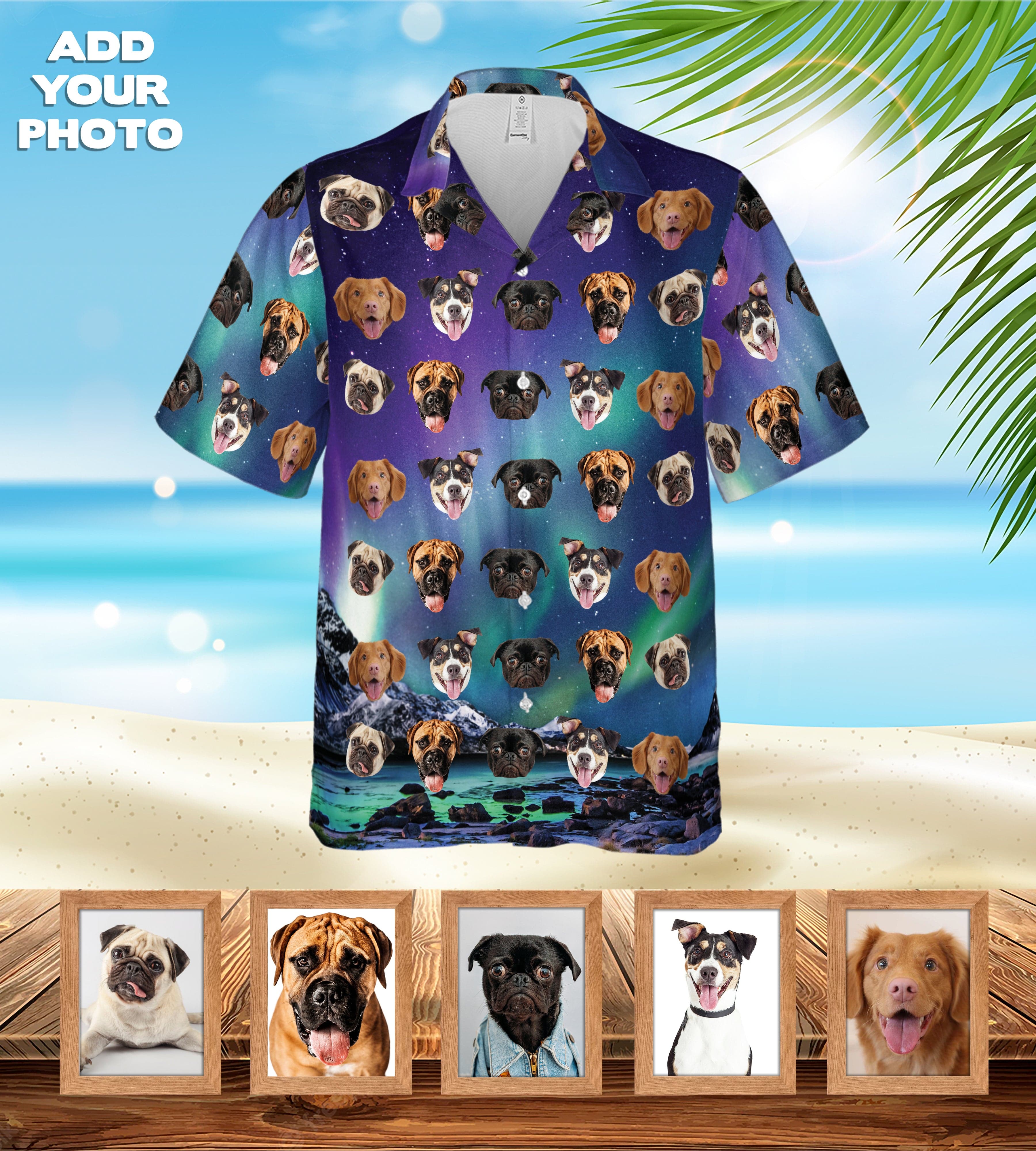 Camisa hawaiana personalizada (Auroras boreales: 1-7 mascotas)